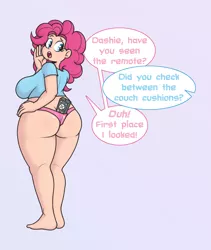 Size: 3548x4200 | Tagged: suggestive, artist:hamflo, derpibooru import, pinkie pie, human, ass, balloonbutt, barefoot, breasts, busty pinkie pie, butt, chubbie pie, chubby, clothes, commission, commissioner:imperfectxiii, cutie mark underwear, fat, feet, female, hand on hip, humanized, image, looking back, midriff, open mouth, panties, pinkie thighs, png, pudgy pie, remote, solo, solo female, speech bubble, thick, thighs, thunder thighs, underwear
