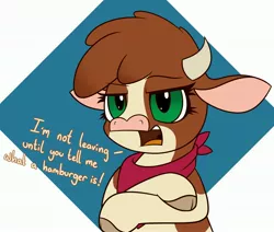 Size: 3200x2710 | Tagged: safe, artist:mrneo, derpibooru import, arizona cow, cow, them's fightin' herds, abstract background, bandana, clothes, cloven hooves, community related, crossed arms, dialogue, female, horns, image, jpeg, looking at you, neckerchief, solo, this will end in pain, this will not end well