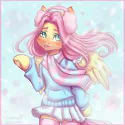 Size: 2000x2000 | Tagged: safe, artist:zefirka, derpibooru import, fluttershy, pegasus, pony, blushing, cheek fluff, clothes, cute, ear fluff, earmuffs, female, high res, image, jpeg, looking at you, mare, shyabetes, skirt, snow, snowfall, socks, solo, stockings, sweater, sweatershy, thigh highs, winter