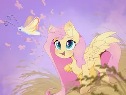 Size: 2048x1536 | Tagged: safe, artist:kebchach, derpibooru import, fluttershy, butterfly, insect, pegasus, pony, cheek fluff, chest fluff, cute, ear fluff, female, fluffershy, fluffy, grass, image, jpeg, leg fluff, looking at something, looking up, mare, open mouth, outdoors, shyabetes, smiling, solo, spread wings, three quarter view, wings
