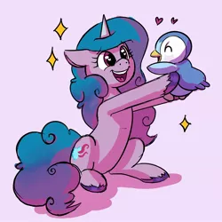 Size: 2048x2048 | Tagged: safe, artist:queenmochni, derpibooru import, izzy moonbow, bird, penguin, piplup, pony, unicorn, crossover, eyes closed, female, floppy ears, g5, heart, holding, image, jpeg, mare, open mouth, pokémon, simple background, sitting, unshorn fetlocks