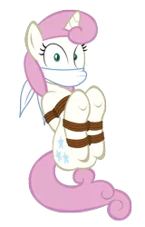 Size: 592x925 | Tagged: safe, artist:radiantrealm, derpibooru import, edit, twinkleshine, pony, unicorn, bondage, bound and gagged, cloth gag, damsel in distress, female, femsub, gag, image, kidnapped, mare, png, rope, rope bondage, simple background, solo, submissive, tied up, transparent background, underhoof