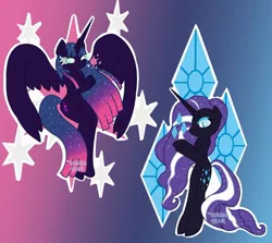 Size: 1024x913 | Tagged: safe, artist:lolitablue, derpibooru import, nightmare rarity, rarity, twilight sparkle, alicorn, semi-anthro, unicorn, cutie mark background, duo, female, image, jpeg, nightmare twilight, nightmarified