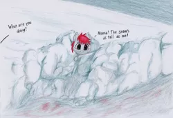 Size: 1280x878 | Tagged: safe, artist:myzanil, derpibooru import, oc, oc:myza nil red, pegasus, pony, colored pencil drawing, image, jpeg, looking at you, smiling, snow, solo, text, traditional art, true story, winter, young