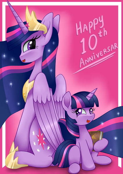 Size: 2480x3507 | Tagged: safe, artist:truffle shine, derpibooru import, princess twilight 2.0, twilight sparkle, twilight sparkle (alicorn), alicorn, unicorn, the last problem, 10, crown, digital art, happy birthday mlp:fim, image, jewelry, mlp fim's tenth anniversary, peytral, png, regalia, self ponidox, size difference, unicorn twilight