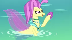 Size: 1280x720 | Tagged: safe, derpibooru import, screencap, ocean flow, seapony (g4), surf and/or turf, beautiful, female, image, jewelry, lidded eyes, necklace, ocean, open mouth, png, smiling, solo, swimming, water