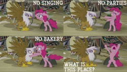 Size: 1280x720 | Tagged: safe, derpibooru import, edit, edited screencap, editor:quoterific, screencap, gilda, pinkie pie, earth pony, gryphon, pony, season 5, the lost treasure of griffonstone, angry, bipedal, duo, duo female, female, gritted teeth, image, jpeg, nose in the air, open mouth, text