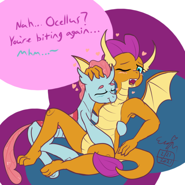 Size: 1200x1200 | Tagged: suggestive, artist:erenerakhard, derpibooru import, ocellus, smolder, changeling, dragon, blushing, changeling x dragon, derpibooru exclusive, digital art, dragoness, female, hug, image, interspecies, lesbian, love feeding, neck biting, nibbling, open mouth, petting, png, shipping, smolcellus