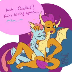 Size: 1200x1200 | Tagged: suggestive, artist:erenerakhard, derpibooru import, ocellus, smolder, changeling, dragon, blushing, changeling x dragon, derpibooru exclusive, digital art, dragoness, female, hug, image, interspecies, lesbian, love feeding, neck biting, nibbling, open mouth, petting, png, shipping, smolcellus