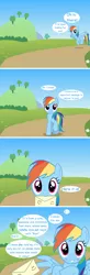 Size: 1600x4860 | Tagged: safe, artist:ursamanner, derpibooru import, rainbow dash, pegasus, pony, blatant lies, blushing, bronybait, comic, cute, dashabetes, flower, grass, hill, image, letter, looking at you, love letter, mouth hold, offscreen character, png, road, show accurate, shy, subtle as a train wreck, tree