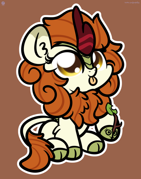 Size: 2560x3250 | Tagged: safe, artist:kimjoman, derpibooru import, autumn blaze, kirin, :p, autumn blaze's puppet, awwtumn blaze, brown background, chibi, cloven hooves, cute, female, image, kimjoman is trying to murder us, kirinbetes, mare, png, simple background, solo, tongue out
