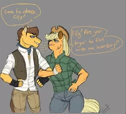 Size: 738x668 | Tagged: safe, artist:theartfox2468, derpibooru import, edit, applejack, caramel, anthro, earth pony, pony, applejack's hat, arm freckles, arm in arm, ascot, bandage, carajack, clothes, cowboy hat, cropped, dialogue, female, fingerless gloves, flirting, freckles, gloves, gray background, hat, image, jeans, looking at each other, male, mare, pants, plaid shirt, png, scar, shipping, shirt, simple background, stallion, straight, vest
