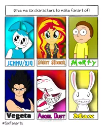 Size: 3000x3582 | Tagged: safe, artist:cyber-murph, derpibooru import, human, rabbit, robot, six fanarts, equestria girls, angel dust, animal, clothes, crossover, dragon ball z, female, hazbin hotel, heterochromia, image, jenny wakeman, male, morty smith, my life as a teenage robot, png, rick and morty, sam and max, smiling, vegeta
