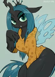 Size: 905x1280 | Tagged: suggestive, artist:zazush-una, derpibooru import, queen chrysalis, anthro, changeling, changeling queen, bottomless, breasts, clothes, eyebrows visible through hair, eye clipping through hair, female, hoodie, image, jpeg, looking at you, partial nudity, queen swissalis, simple background, smiling at you, solo, solo female