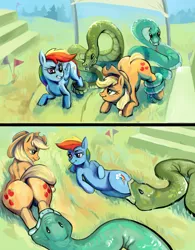 Size: 1500x1928 | Tagged: suggestive, artist:novaray, derpibooru import, antoine, applejack, rainbow dash, earth pony, pegasus, pony, snake, 2 panel comic, applebutt, butt, coils, comic, competition, female, fetish, hind legs, image, legs together, looking at each other, mare, oral vore, plot, png, race, story in the source, vore, willing vore