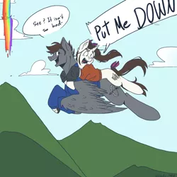 Size: 1048x1048 | Tagged: safe, artist:cluadiacloud, derpibooru import, oc, oc:artfulcord, oc:cluadia, unofficial characters only, pegasus, pony, unicorn, comic:fear of heights, amputee, clothes, dialogue, drawing, female, flying, image, lying down, male, mare, on back, png, prosthetic leg, prosthetic limb, prosthetics, scared, sikan pegasus, size difference, stallion