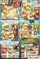 Size: 1080x1584 | Tagged: safe, artist:firefanatic, derpibooru import, applejack, arizona cow, big macintosh, cow, earth pony, pony, comic:friendship management, them's fightin' herds, accent, barn, big grin, bruised, calf, comic, community related, dialogue, female, fence, fluffy, frightened, grin, hug, image, male, mare, minnesota (tfh), onomatopoeia, png, security hug, smashing, smiling, sound effects, stallion, teary eyes, udder, what is hoo-man, worried, y'all