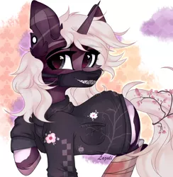 Size: 3140x3220 | Tagged: safe, artist:lazuli0209, derpibooru import, oc, unofficial characters only, pony, unicorn, abstract background, bandage, clothes, commission, ear fluff, ear piercing, face mask, flower, flower in hair, horn, image, looking back, mask, piercing, png, signature, solo, unicorn oc, ych result