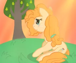 Size: 588x490 | Tagged: safe, artist:kucysia123, derpibooru import, pear butter, earth pony, pony, crying, food, image, pear, pear tree, png, sad, tree