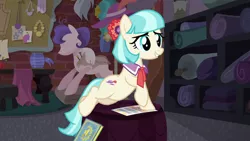 Size: 1280x720 | Tagged: safe, derpibooru import, screencap, coco pommel, earth pony, pony, made in manehattan, cocobetes, cute, female, flyer, image, png, scrapbook, sitting, smiling, solo