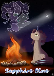 Size: 1280x1811 | Tagged: safe, artist:sevenserenity, derpibooru import, oc, oc:black scope, oc:velvet vector, unofficial characters only, pony, unicorn, fanfic, broken horn, camp, campfire, cover, desert, fanfic art, fanfic cover, fire, horn, horn gem, image, jpeg, night, night sky, sapphire, shooting star, sky, stars, story:sapphire blue