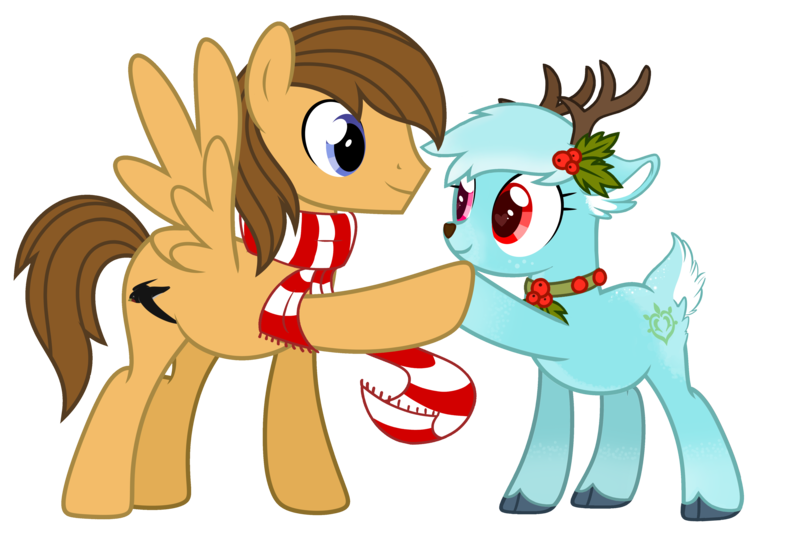 Size: 4500x3050 | Tagged: safe, artist:daytona, artist:st.homa, derpibooru import, oc, oc:daytona, oc:sharpwing, unofficial characters only, deer, deer pony, original species, pegasus, derpibooru community collaboration, 2021 community collab, antlers, clothes, cloven hooves, duo, holly, image, png, scarf, simple background, species swap, transparent background