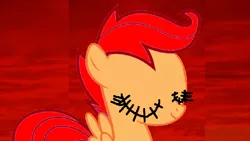 Size: 960x540 | Tagged: safe, artist:angrymetal, derpibooru import, scootaloo, pegasus, pony, .exe, 1000 hours in ms paint, creepypasta, female, filly, image, png, recolor, red background, sally.exe, simple background, smiling, stitched eyes, stitches