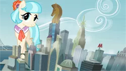 Size: 1280x720 | Tagged: safe, artist:abion47, artist:itv-canterlot, derpibooru import, edit, editor:jaredking203, vector edit, coco pommel, earth pony, pony, building, city, cityscape, crystaller building, female, giant pony, giant/macro earth pony, giant/mega coco pommel, giantess, highrise ponies, image, macro, manehattan, mare, mega giant, png, vector