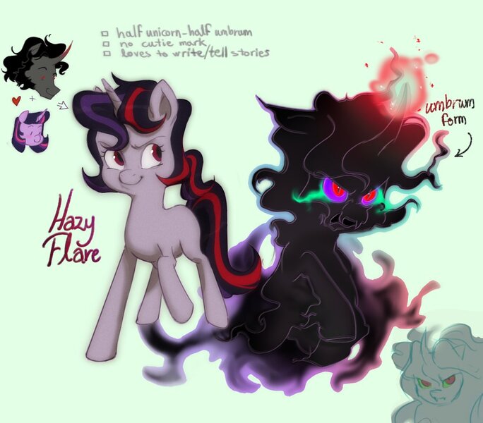 Size: 1040x912 | Tagged: safe, artist:gloomyydoom, derpibooru import, oc, oc:hazy flare, unofficial characters only, hybrid, pony, umbrum, unicorn, dark magic, fangs, female, glowing eyes, horn, image, jpeg, magic, offspring, parent:king sombra, parent:twilight sparkle, parents:twibra, reference sheet, smiling, solo