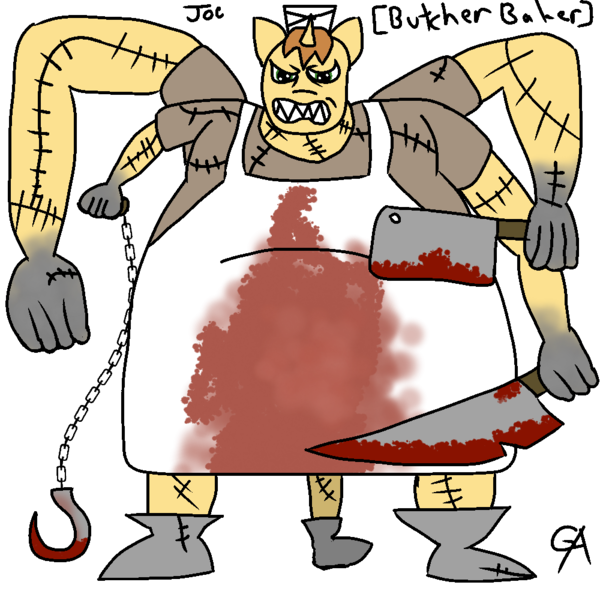 Size: 1000x1000 | Tagged: semi-grimdark, artist:gotharts, derpibooru import, donut joe, anthro, unicorn, angry, apron, blood, blood stains, broodfather, butcher knife, chains, clothes, derpibooru exclusive, fat, image, knife, male, meat hook, multiple limbs, obese, png, sharp teeth, simple background, solo, stitches, teeth, three legged, transparent background, watermark