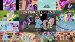 Size: 1986x1117 | Tagged: safe, derpibooru import, edit, edited screencap, editor:quoterific, screencap, admiral fairy flight, angel bunny, apple bloom, applejack, colonel purple dart, commander easy glider, doctor whooves, fluttershy, goldengrape, opalescence, owlowiscious, pinkie pie, rainbow dash, rarity, scootaloo, sir colton vines iii, spike, sweetie belle, time turner, twilight sparkle, alicorn, testing testing 1-2-3, chalkboard, clothes, cosplay, costume, cutie mark crusaders, golden oaks library, i am not that tall, image, jacket, library, mane six, png, rapper pie, shylestia, sunglasses, twilight sparkle (alicorn)