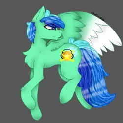 Size: 438x438 | Tagged: safe, artist:crazy_artz_35, artist:jadebreeze115, derpibooru import, oc, oc:jade breeze, unofficial characters only, pegasus, pony, anatomically incorrect, blue eyes, blue hair, chest fluff, colored wings, cutie mark, fanart, flying, gradient wings, gray background, hooves, image, looking back, png, request, requested art, simple background, solo, spread wings, wings