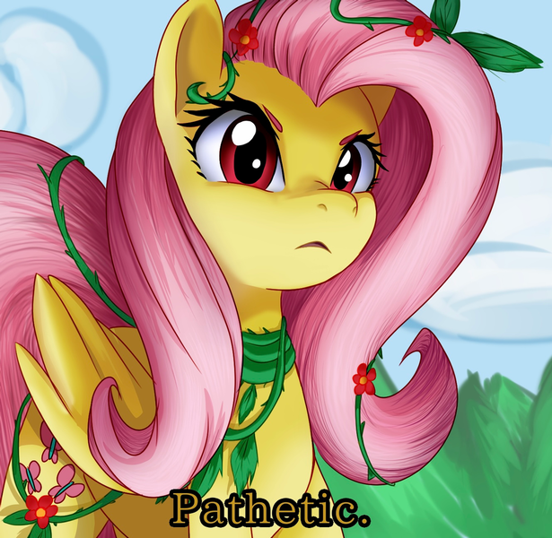 Size: 1280x1248 | Tagged: safe, artist:astevenamedwolf, derpibooru import, idw, fluttershy, pegasus, pony, ponies of dark water, alternate eye color, dialogue, female, folded wings, image, looking at you, looking down, looking down at you, mare, outdoors, pathetic, png, poison ivyshy, red eyes, solo, subtitles, three quarter view, vine, wings