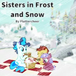 Size: 840x840 | Tagged: safe, derpibooru import, edit, edited screencap, editor:cmc--scootaloo, editor:dinkyuniverse, screencap, candy wave, gooseberry, pony, fanfic, fanfic:sisters in frost and snow, between dark and dawn, adorable face, author:fluttercheer, basket, berries, blanket, canterlot, canterlot castle, cover art, cute, fanfic art, fanfic cover, female, filly, food, friendship student, frost, hyper sonic, ice, image, mare, nom, picnic, picnic basket, picnic blanket, png, sandwich, sky, snow