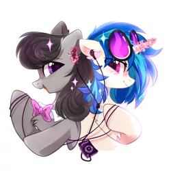 Size: 600x600 | Tagged: safe, artist:mirtash, derpibooru import, octavia melody, vinyl scratch, earth pony, pony, unicorn, blushing, bust, chest fluff, cute, ear fluff, female, glowing horn, headphones, heart eyes, horn, image, lesbian, looking at each other, png, profile, scratchtavia, shared headphones, shipping, simple background, vinyl's glasses, white background, wingding eyes