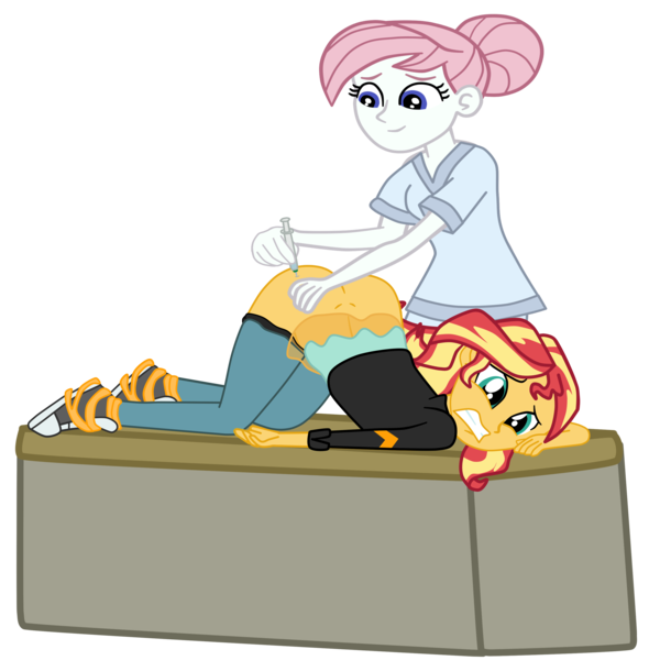 Size: 2952x2952 | Tagged: suggestive, artist:gmaplay, derpibooru import, part of a set, nurse redheart, sunset shimmer, equestria girls, ass, ass up, bunset shimmer, butt, clothes, converse, face down ass up, gritted teeth, image, injection, literal butthurt, nurse, nurse outfit, pain, png, scrubs (gear), shoes, simple background, transparent background, vaccination
