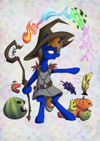 Size: 1169x1654 | Tagged: safe, artist:calena, derpibooru import, oc, unofficial characters only, unicorn, apple, banana, chaos, clothes, command and conquer, commission, food, fruit, grapes, hat, image, magician, magician outfit, necromancy, pear, png, potion, pumpkin, simple background, solo, staff, watermelon, ych result