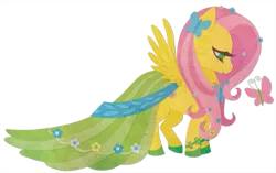 Size: 1115x700 | Tagged: safe, artist:sleepwalks, derpibooru import, fluttershy, butterfly, insect, pegasus, pony, clothes, cute, dress, female, flower, flower in hair, gala dress, hairclip, image, mare, png, profile, shyabetes, simple background, spread wings, transparent background, wings