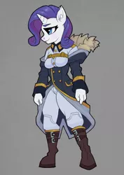 Size: 2480x3508 | Tagged: safe, artist:tass_the_bovine, derpibooru import, rarity, anthro, unicorn, clothes, dieselpunk equestria, dpe, equestrian defense force, image, png, solo, uniform