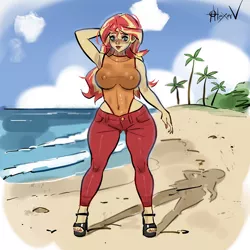 Size: 4000x4000 | Tagged: suggestive, artist:alexeyvart, derpibooru import, sunset shimmer, equestria girls, absurd resolution, bare shoulders, beach, blushing, breasts, busty sunset shimmer, clothes, curvy, digital art, erect nipples, female, high heels, image, jpeg, leotard, nipple outline, palm tree, pants, pose, shoes, solo, solo female, tree, wide hips
