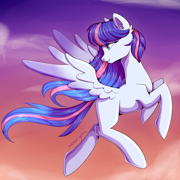 Size: 2480x2480 | Tagged: safe, artist:yoonergetic, derpibooru import, oc, pegasus, pony, dawn, female, flying, head turn, image, mare, png, wings