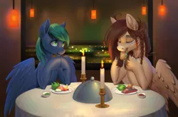 Size: 1920x1257 | Tagged: safe, artist:jotun22, derpibooru import, oc, oc:ender, oc:ondrea, unofficial characters only, pegasus, pony, candle, cute, date, eating, ender's herd, food, image, indoors, jpeg, nervous, romance, romantic, sandwich