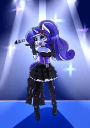 Size: 1200x1700 | Tagged: safe, artist:melliedraws, derpibooru import, rarity, anthro, unicorn, black dress, clothes, dress, gothic lolita, image, microphone, one eye closed, png, solo, wink