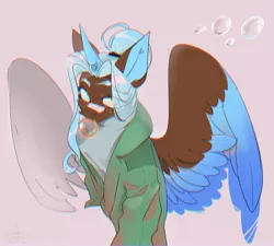 Size: 2400x2160 | Tagged: safe, artist:ellis_sunset, derpibooru import, oc, unofficial characters only, alicorn, pony, alicorn oc, bandaid, bubblegum, bust, clothes, food, gum, heterochromia, horn, image, jpeg, solo, two toned wings, wings