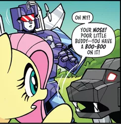 Size: 1063x1089 | Tagged: safe, artist:jack lawrence, derpibooru import, idw, fluttershy, pony, spoiler:comic, spoiler:friendship in disguise, spoiler:friendship in disguise03, cropped, frenzy, friendship in disguise, image, png, ravage, transformers