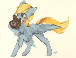 Size: 2234x1700 | Tagged: safe, artist:di youyou, artist:狄优优, banned from derpibooru, deleted from derpibooru, derpibooru import, derpy hooves, pegasus, pony, bag, blushing, chest fluff, cute, derp, derpabetes, ear fluff, female, image, leg fluff, mare, mouth hold, paper bag, pixiv, png, raised hoof, simple background, solo, traditional art, watercolor painting, white background, yellow background