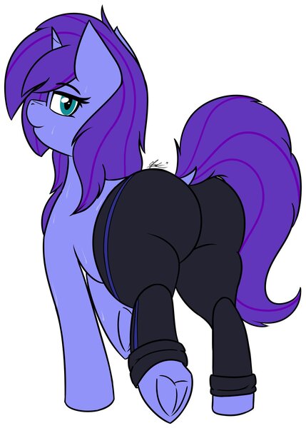 Size: 1466x2048 | Tagged: suggestive, artist:seafooddinner, derpibooru import, oc, oc:seafood dinner, unofficial characters only, unicorn, ass, butt, clothes, cutie with a booty, hooves, horn, image, jpeg, looking at you, pants, plot, sexy, simple background, smiling, spankable plot, sweat, the ass was fat, thick, unicorn oc, walking, white background, yoga pants