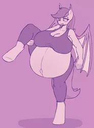 Size: 1277x1736 | Tagged: suggestive, artist:puetsua, derpibooru import, oc, oc:spira fang, anthro, bat pony, unguligrade anthro, balancing, belly, belly button, big belly, big breasts, breasts, busty oc, cleavage, clothes, female, huge belly, huge breasts, hyper, hyper belly, hyper pregnancy, image, impossibly large belly, impossibly large breasts, monochrome, outie belly button, png, pregnant, purple background, simple background, solo, solo female, stretching