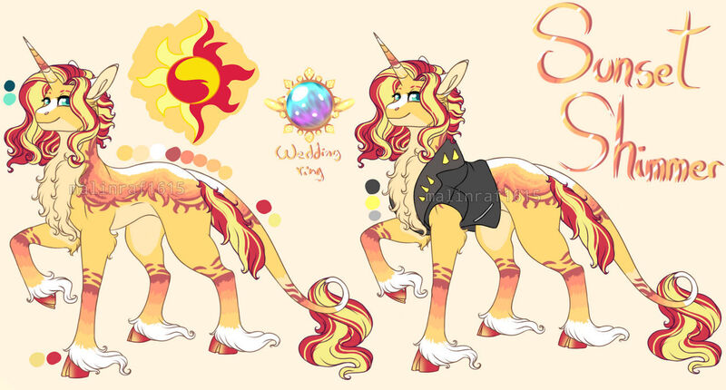 Size: 1280x688 | Tagged: safe, artist:malinraf1615, derpibooru import, sunset shimmer, pony, unicorn, alternate hairstyle, chest fluff, clothes, female, image, jacket, jewelry, jpeg, leather jacket, leg fluff, leonine tail, mare, markings, obtrusive watermark, raised hoof, redesign, reference sheet, ring, simple background, solo, unshorn fetlocks, watermark, wedding ring, yellow background