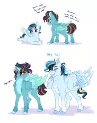 Size: 1944x2466 | Tagged: safe, artist:silkensaddle, derpibooru import, oc, unofficial characters only, pegasus, pony, alternate universe, chest fluff, dialogue, duo, female, image, looking at each other, male, next generation, png, simple background, two toned wings, white background, wings